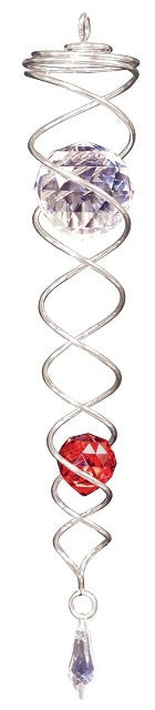Small silver double-helix crystal twister holding a clear faceted crystal ball, a red crystal ball and a teardrop prism