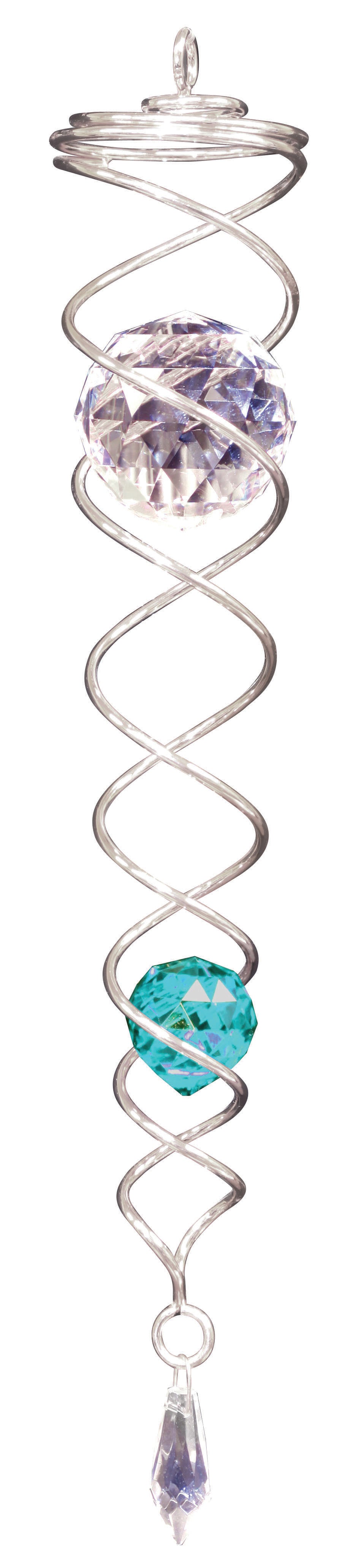 Small silver double-helix crystal twister holding a clear faceted crystal ball, an aqua crystal ball and a teardrop prism