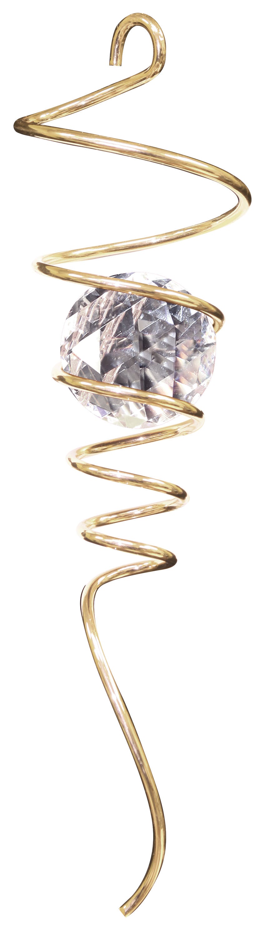 Gold-toned spiral wire tail holding a large clear diamond-cut crystal ball, hanging vertically on a white background