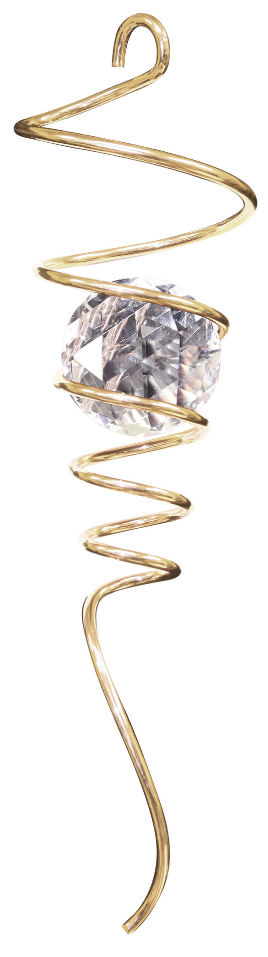 Gold-toned spiral wire tail holding a large clear diamond-cut crystal ball, hanging vertically on a white background