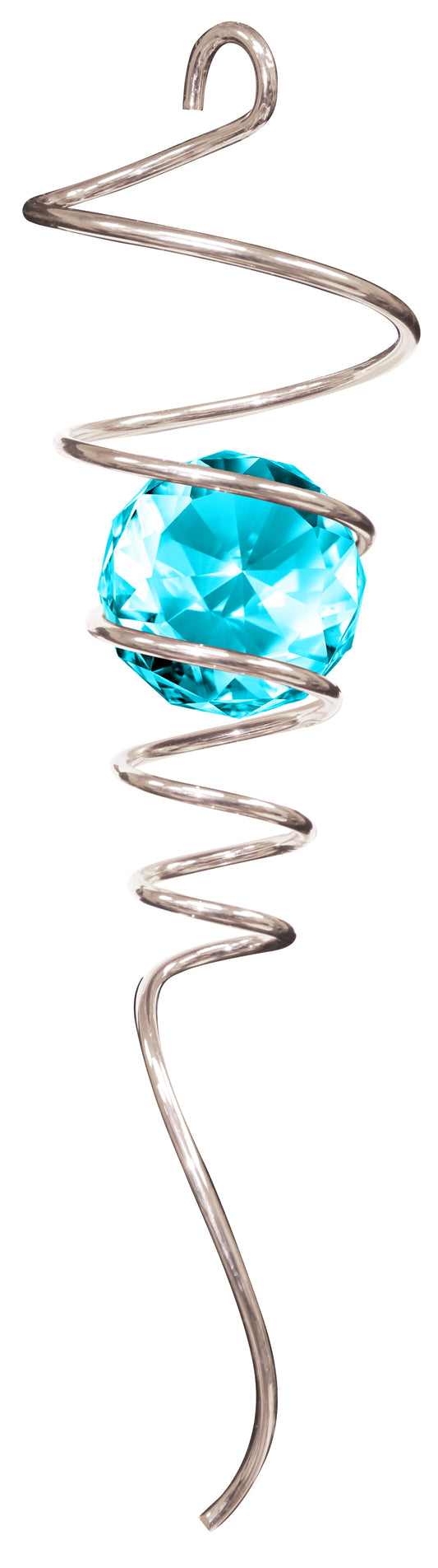 Aqua Crystal Spiral Tail Twister with loose silver spiral loops holding a faceted aqua crystal ball