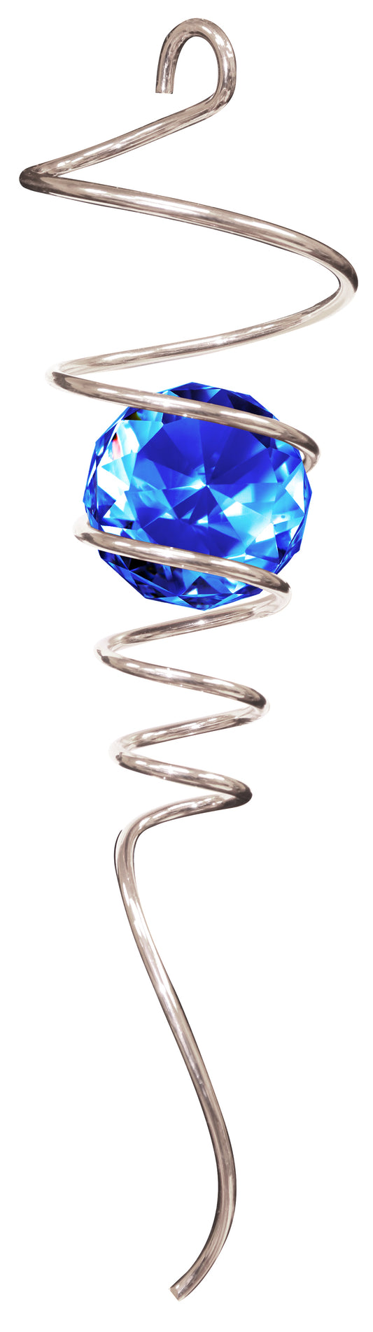 Blue Crystal Spiral Tail Twister with silver corkscrew coil holding a faceted royal-blue crystal ball