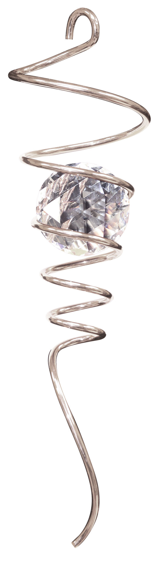 Silver spiral wire tail holding a large clear diamond-cut crystal ball, hanging vertically on a white background