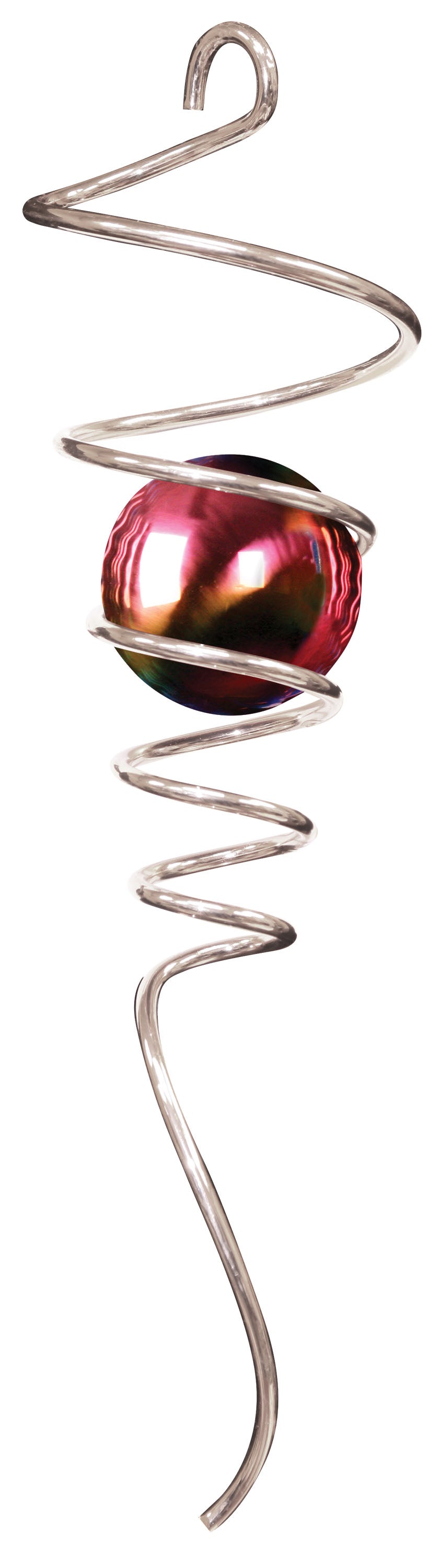 Silver spiral tail twister with iridescent pink and rainbow mirrored gazing ball in wire coils