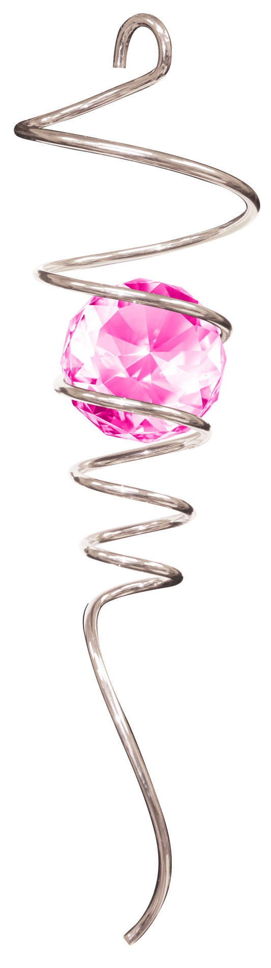 Pink Crystal Spiral Tail Twister with polished silver coil holding a faceted hot-pink crystal ball