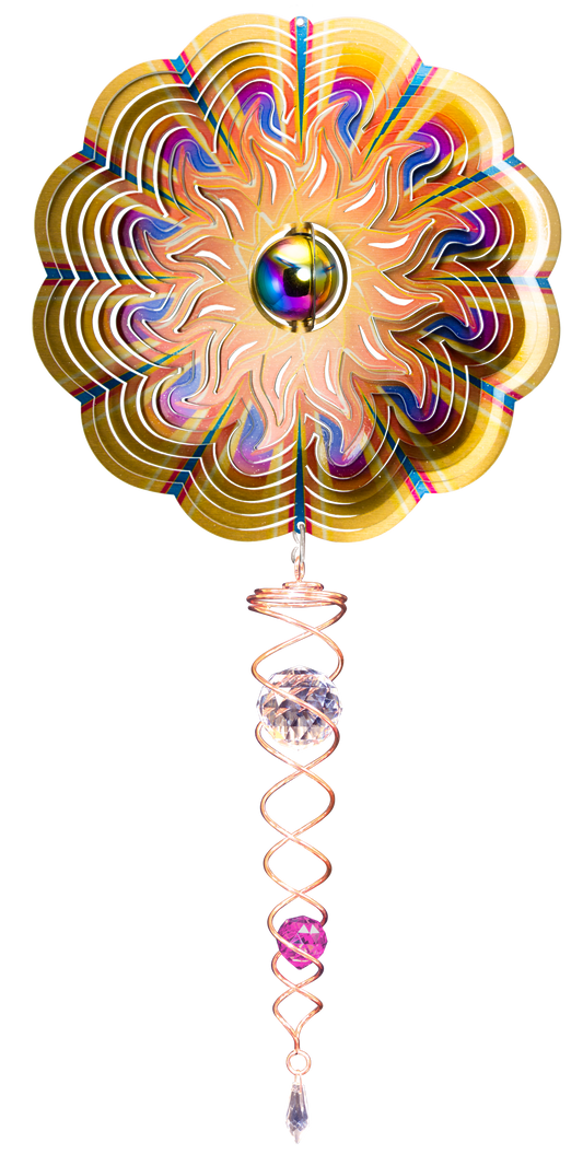 Two-piece gold sun wind spinner set with flame rays, rainbow gazing ball centre and copper crystal twister hanging below