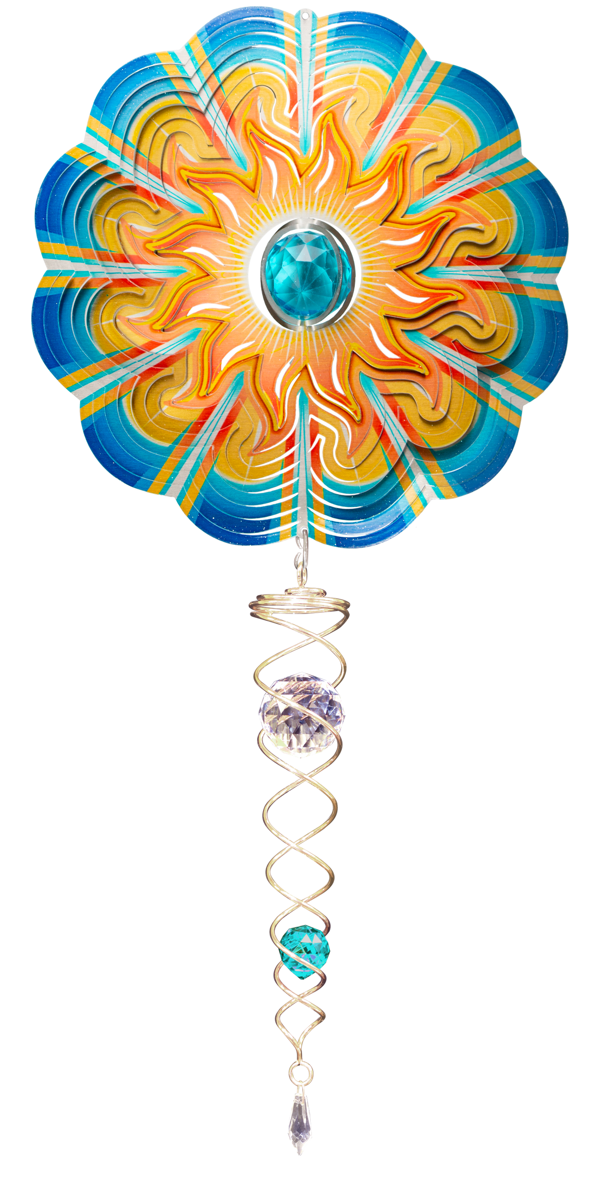 Blue sun wind spinner set showing an orange sun face with blue wave border and aqua crystal centre, with a gold crystal twister hanging beneath