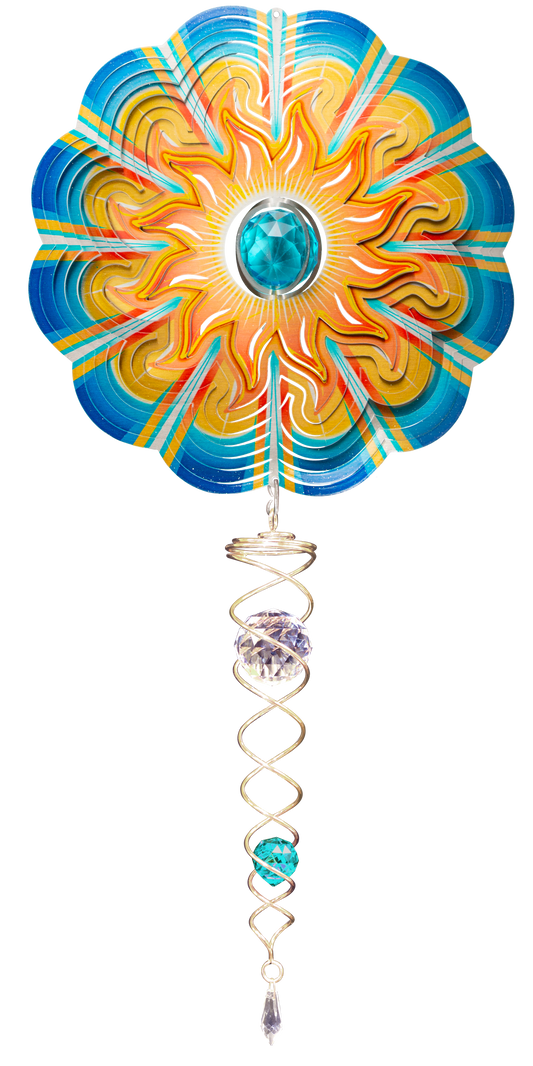 Blue sun wind spinner set showing an orange sun face with blue wave border and aqua crystal centre, with a gold crystal twister hanging beneath