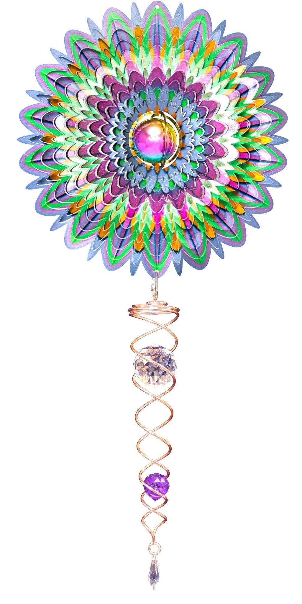 Deluxe gazing ball mandala wind spinner set with iridescent feathered petals around a gazing-ball crystal and a copper-tone crystal twister below