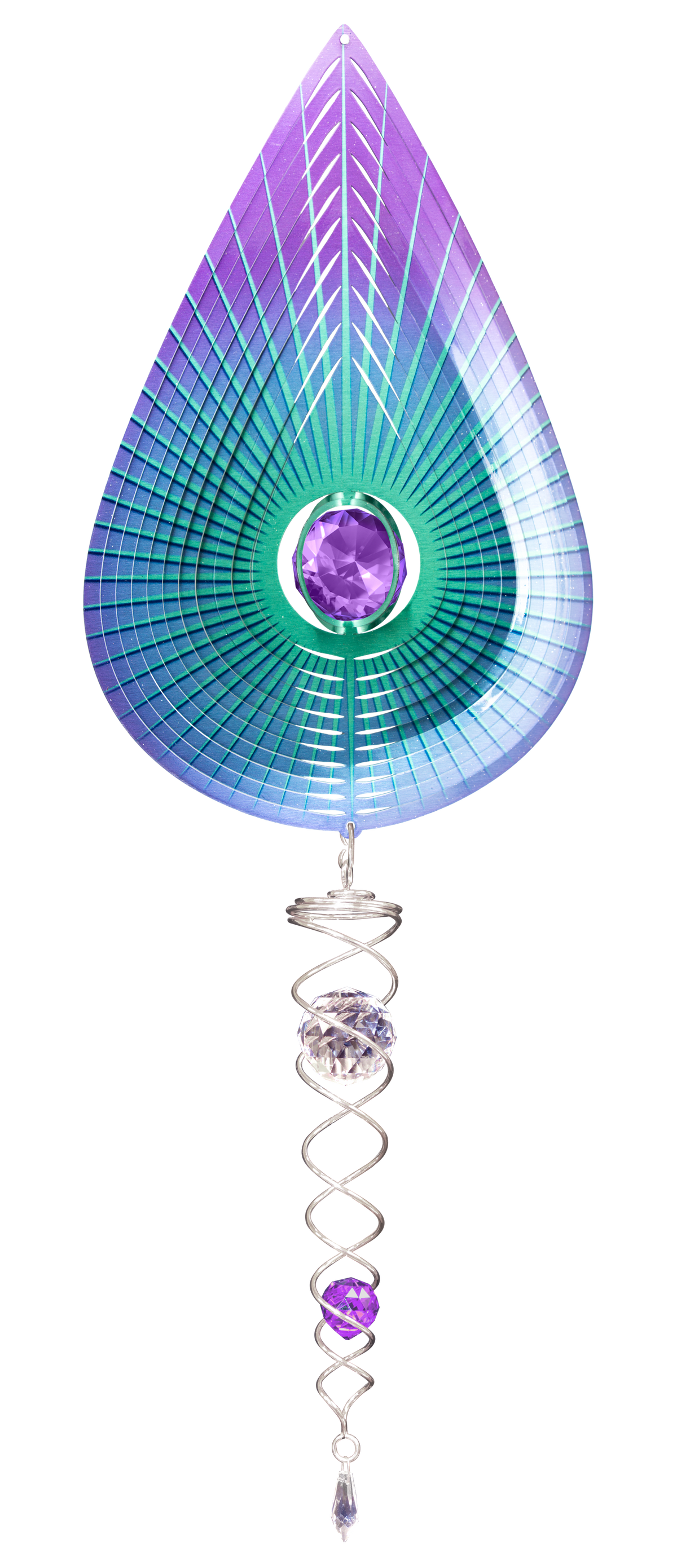 Deluxe Purple Teardrop wind spinner set with violet-to-teal gradient teardrop spinner and silver crystal twister tail