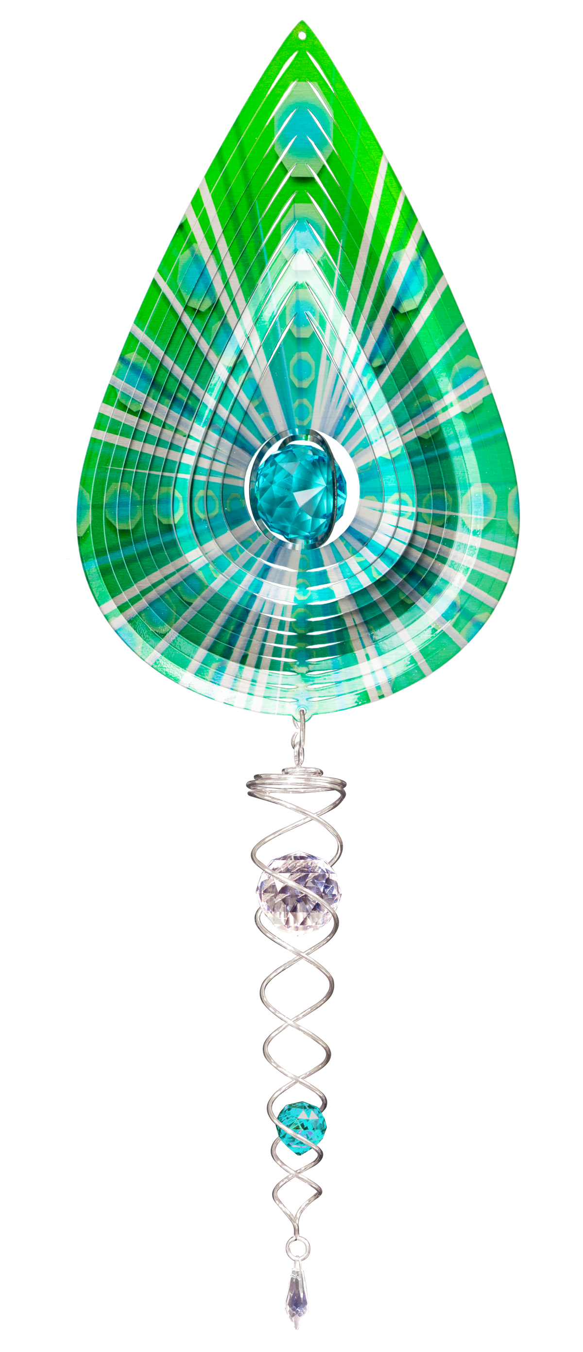 Green teardrop wind spinner set with pinstriped green and teal spinner, turquoise crystal centre and silver crystal twister hanging below