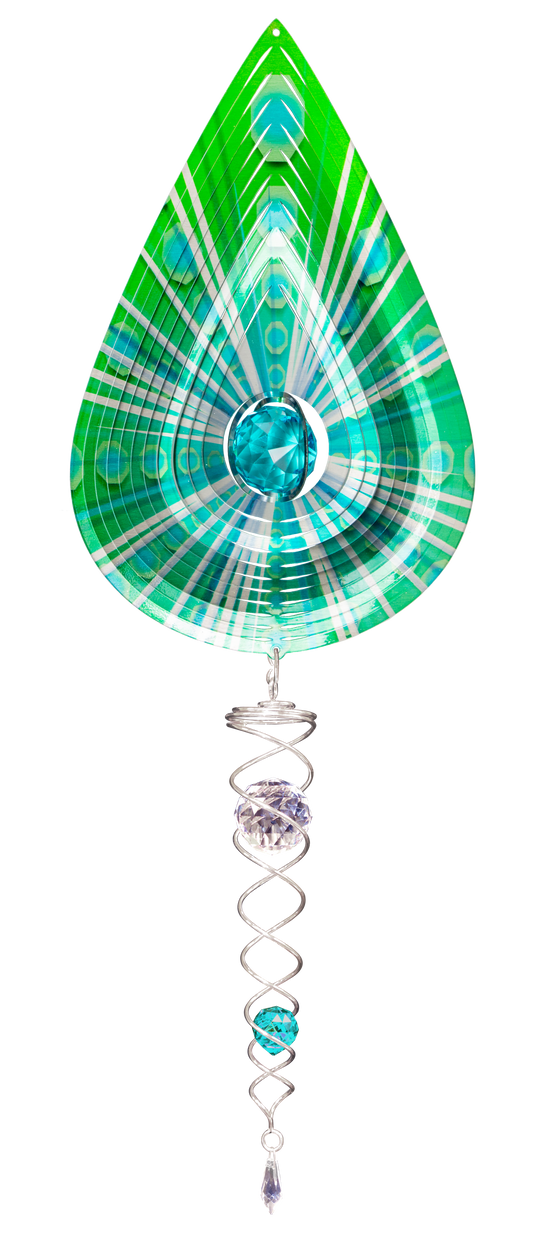 Green teardrop wind spinner set with pinstriped green and teal spinner, turquoise crystal centre and silver crystal twister hanging below