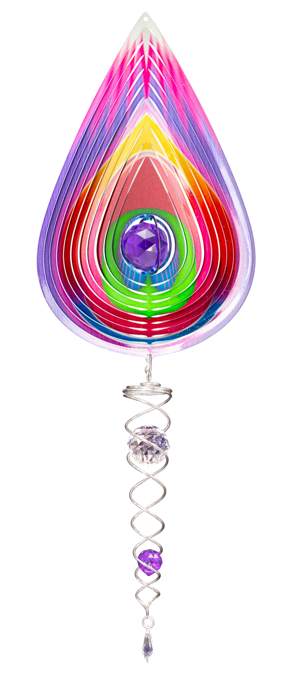 Paradise Teardrop wind spinner set with rainbow layered teardrop spinner, purple crystal centre and silver crystal twister tail below