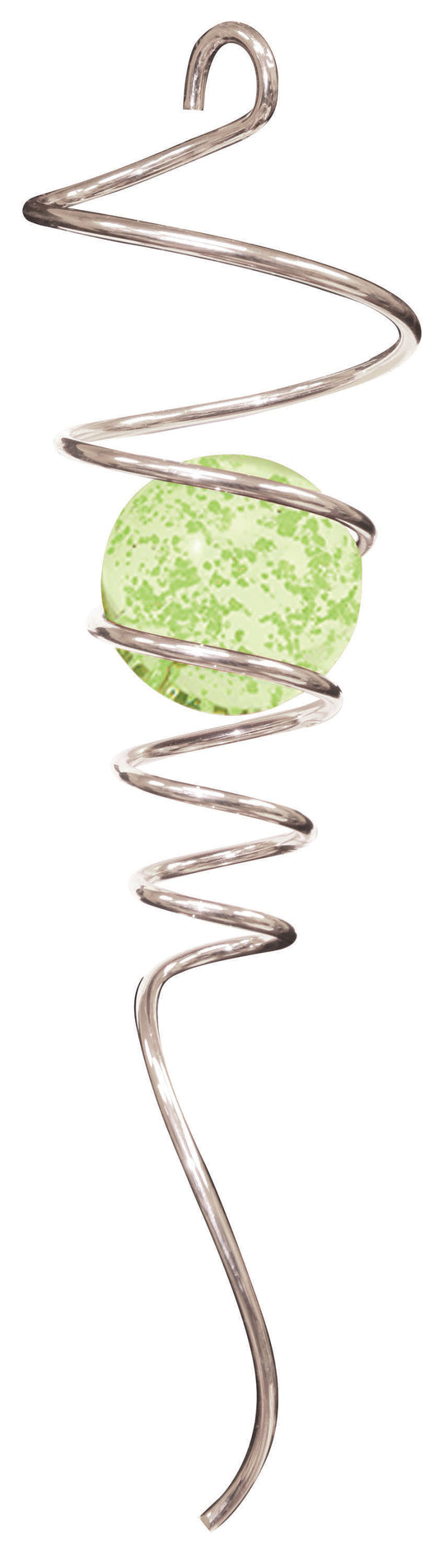 Silver spiral tail twister with speckled pale green glow ball held in polished wire coils