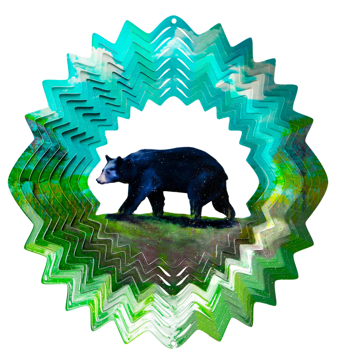 Large black bear wind spinner with glittering teal zig-zag layered rings around a forest clearing scene