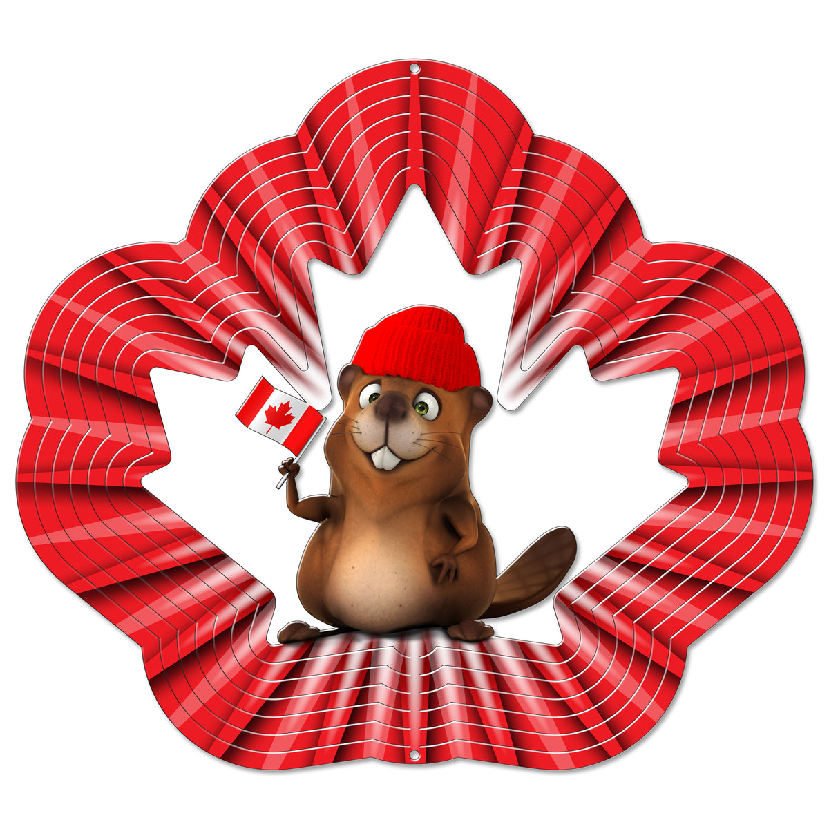Large Canada Beaver wind spinner, a red, white and silver maple leaf with a cartoon beaver in a red toque holding a Canadian flag at the centre