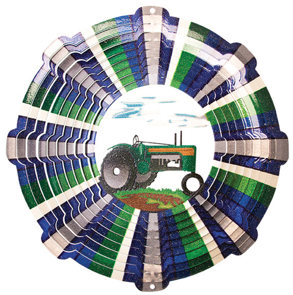 Large tractor wind spinner with green vintage farm tractor scene and layered green and blue outer ring