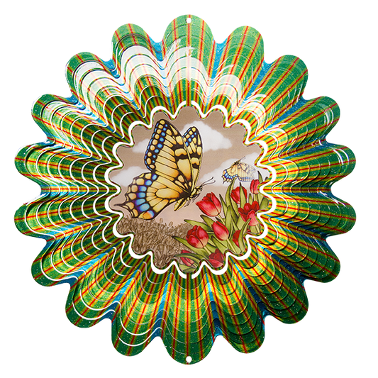 Large sepia butterfly wind spinner with a vintage swallowtail and red tulip scene at the centre of green striped scalloped petals
