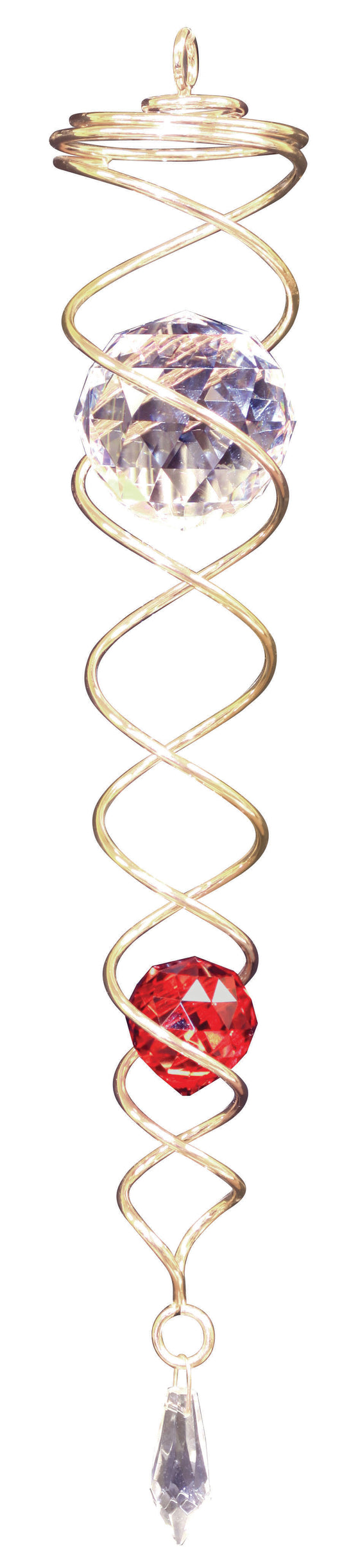 Gold crystal twister spiral with clear and red faceted crystal balls and teardrop crystal drop