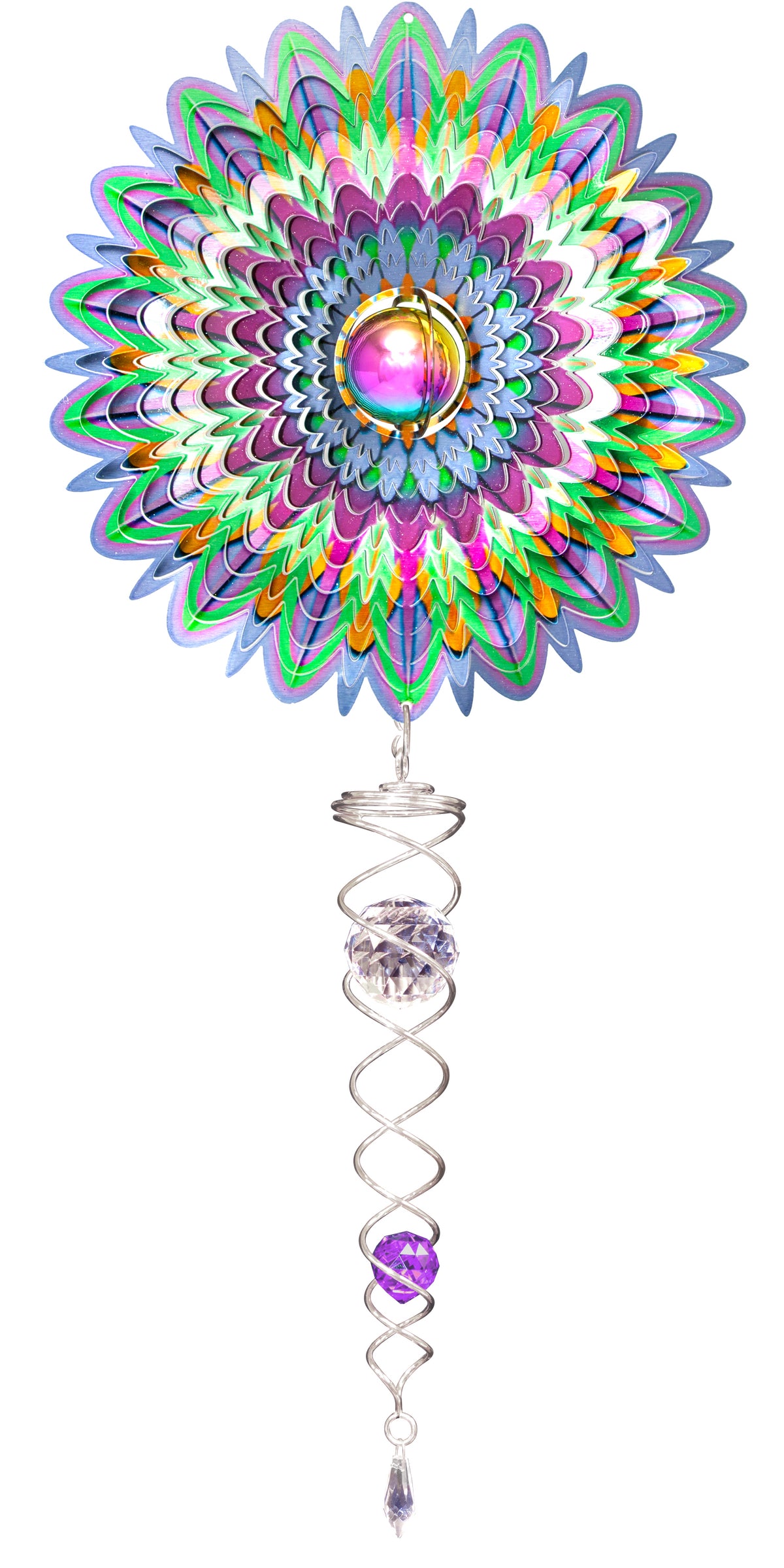 Gazing ball mandala wind spinner set with iridescent purple, green, blue and orange feathered petals around a gazing-ball crystal, silver twister below