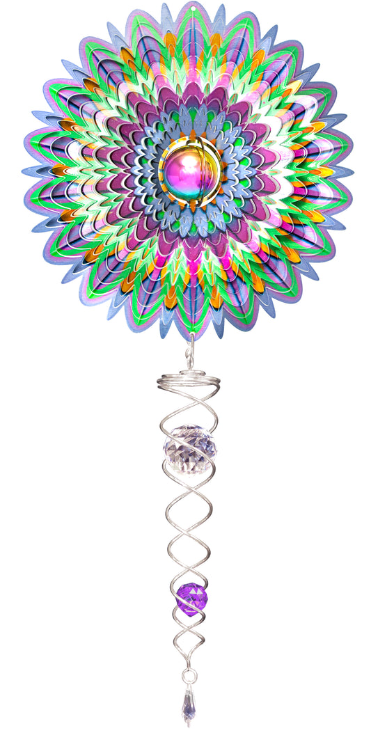 Gazing ball mandala wind spinner set with iridescent purple, green, blue and orange feathered petals around a gazing-ball crystal, silver twister below