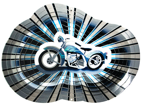 Large motorcycle wind spinner with silver, blue and black cruiser design and radiating stripes