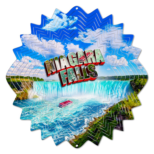 Large Niagara Falls wind spinner with a photographic Horseshoe Falls scene, red tour boat and bold red Niagara Falls lettering on zig-zag layered blades
