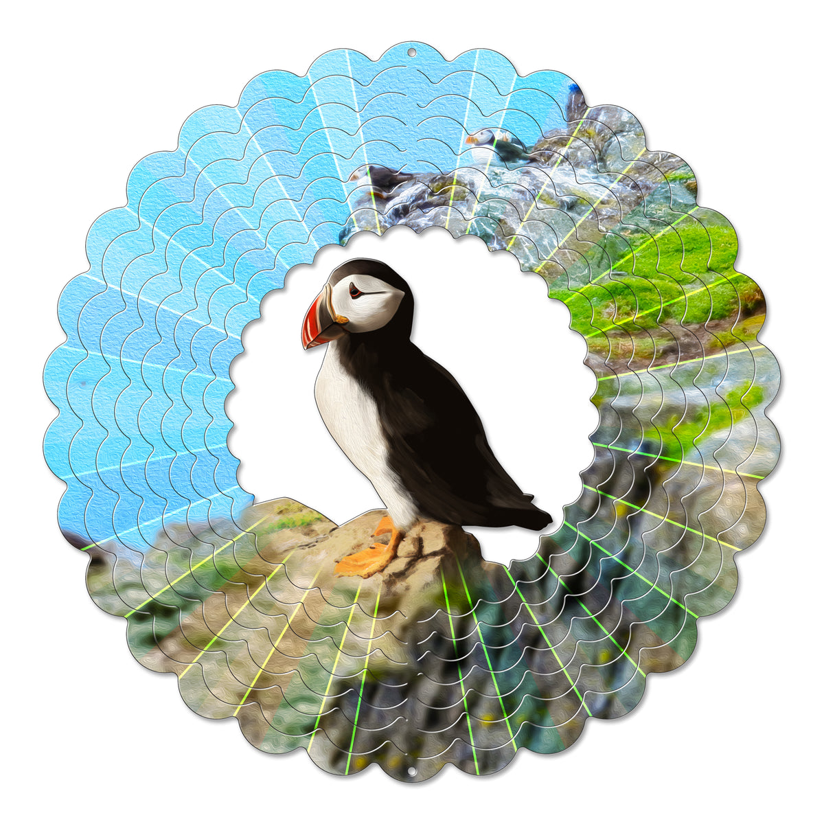 Large Atlantic puffin wind spinner showing a black-and-white puffin with orange beak on a rocky shore, ringed by layered coastal scenery blades