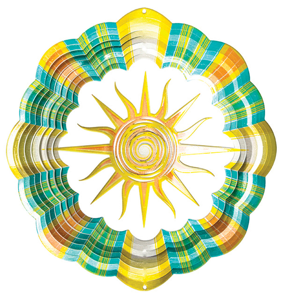 Large tropical sun wind spinner with golden die-cut sun centre and teal plaid scalloped layers