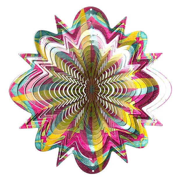 Small Floral Splash wind spinner, a glittery star-shaped spinner with layered petals in pink, teal, yellow and green kaleidoscope stripes