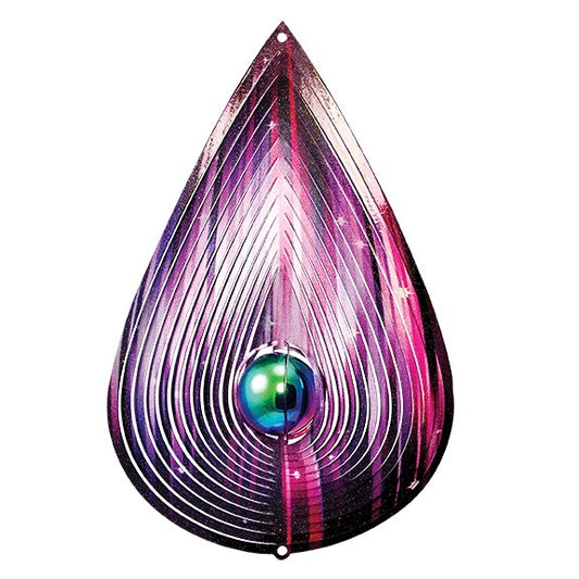 Teardrop-shaped wind spinner with nested metallic purple and pink layers around an iridescent green-blue gazing ball